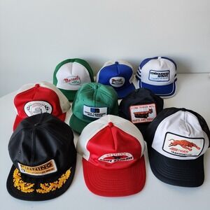 Vintage 80s Trucker Hat Lot of 9 Caps Trucking Big Rig Hauling Trailer Finning
